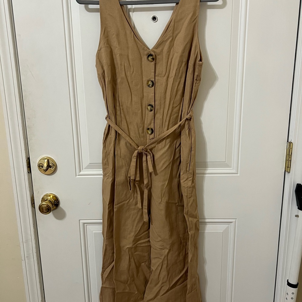 Sleeveless Tan Button-Down Wide Leg Jumpsuit